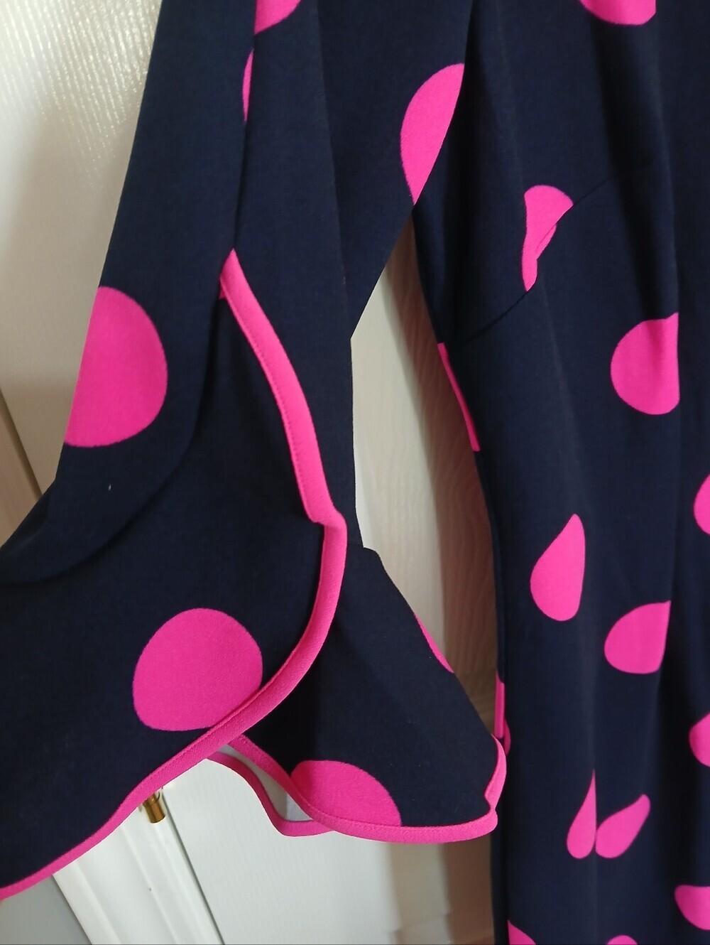 I Le New York Navy Dress with Bright Pink Polka Dots Bell Sleeves Wedding Guest - Picture 3 of 6